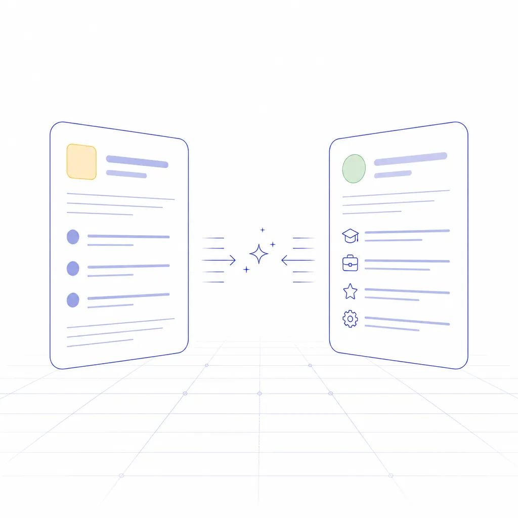 A bright, airy composition of a job post and a resume sliding toward each other on a white field with a faint indigo grid
