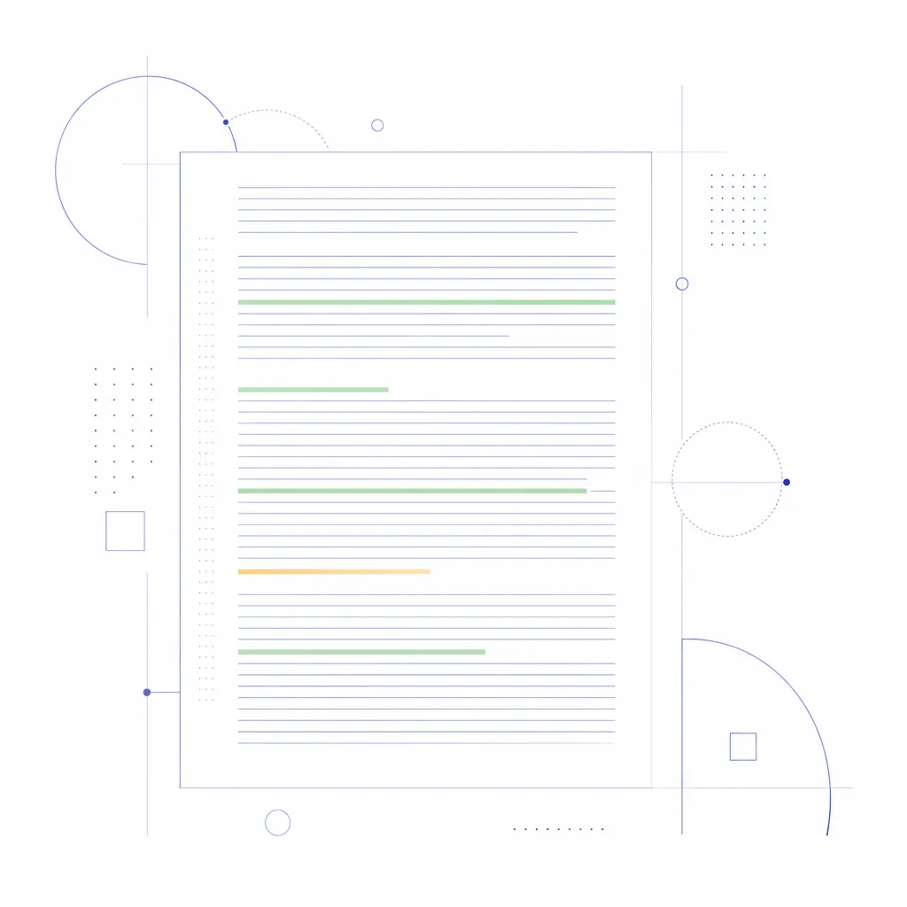 A bright composition of a resume with some lines highlighted soft green and one soft amber, on a white background